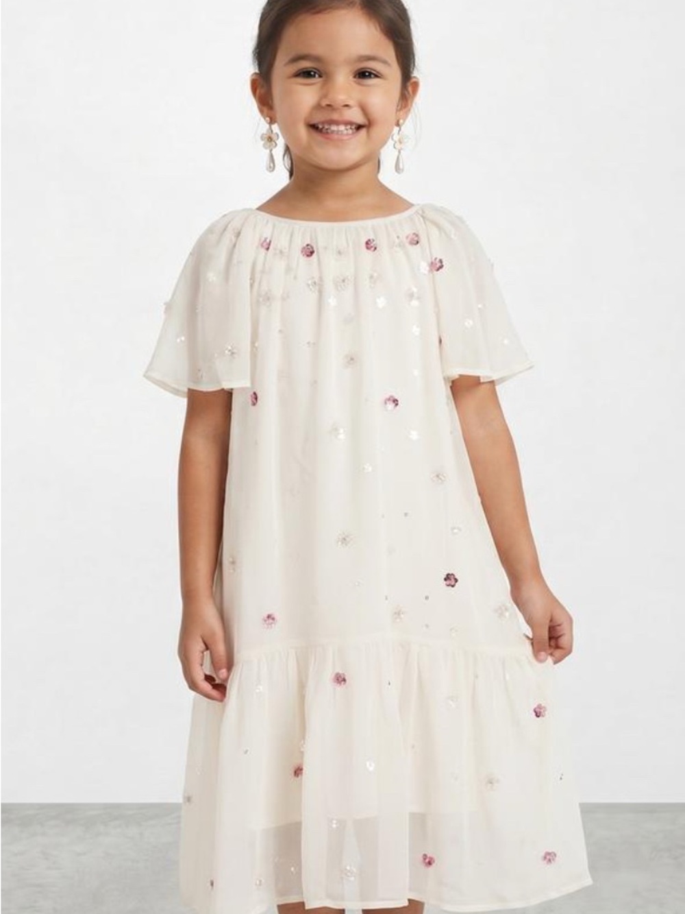 Zara Cream Dress with Pink Sequin Floral Accents